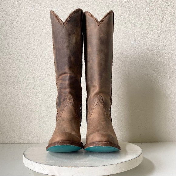 Lane PLAIN JANE Womens Western Boots 7 Brown Leather Cowboy Round Toe 16" Tall - Picture 5 of 9